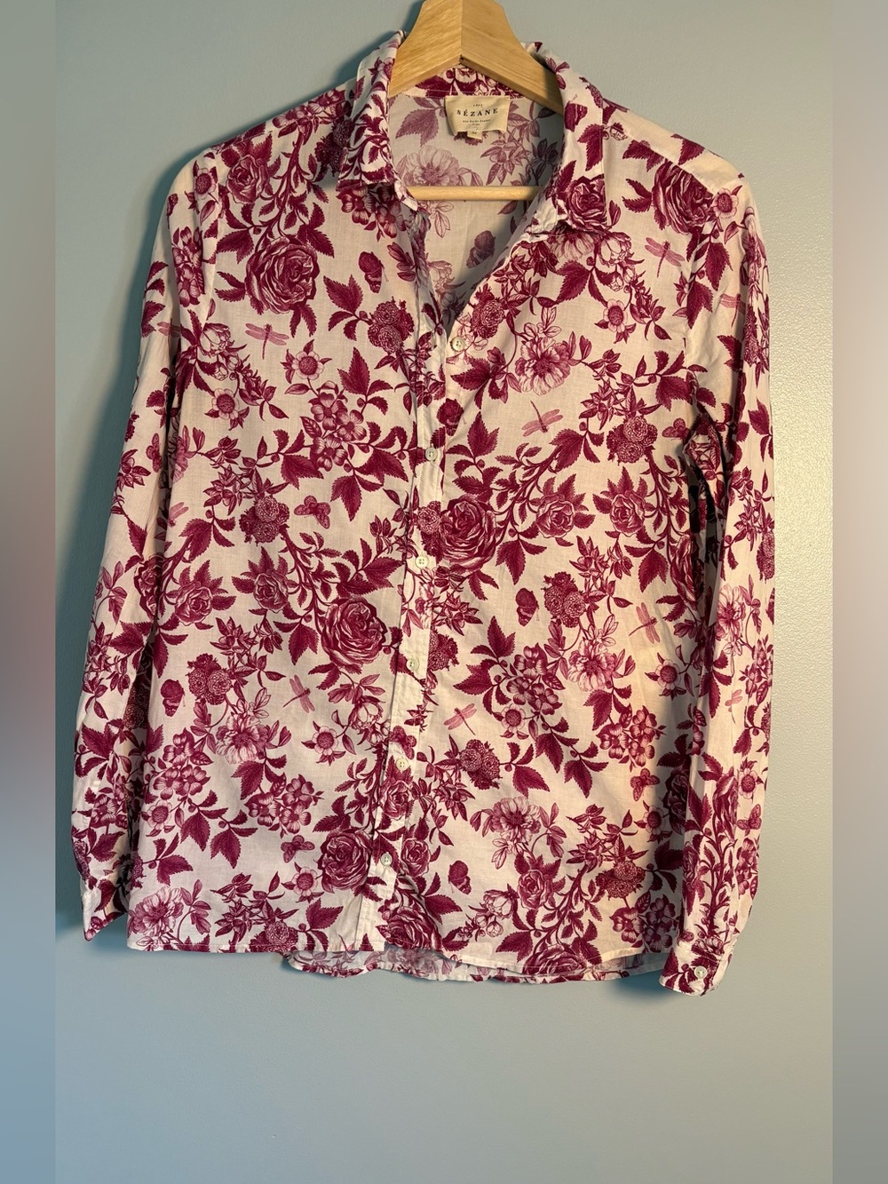 Sézane Pierro shirt Floral & Dragonfly Long Sleeve Button-Down Shirt Size 38